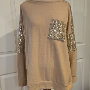 7th Ray Beige Crewneck Sweater with Gold Sequin Pocket & Sleeve Accents